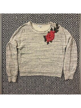 Splendid Grey Crew Neck Sweatshirt with Floral Embroidery